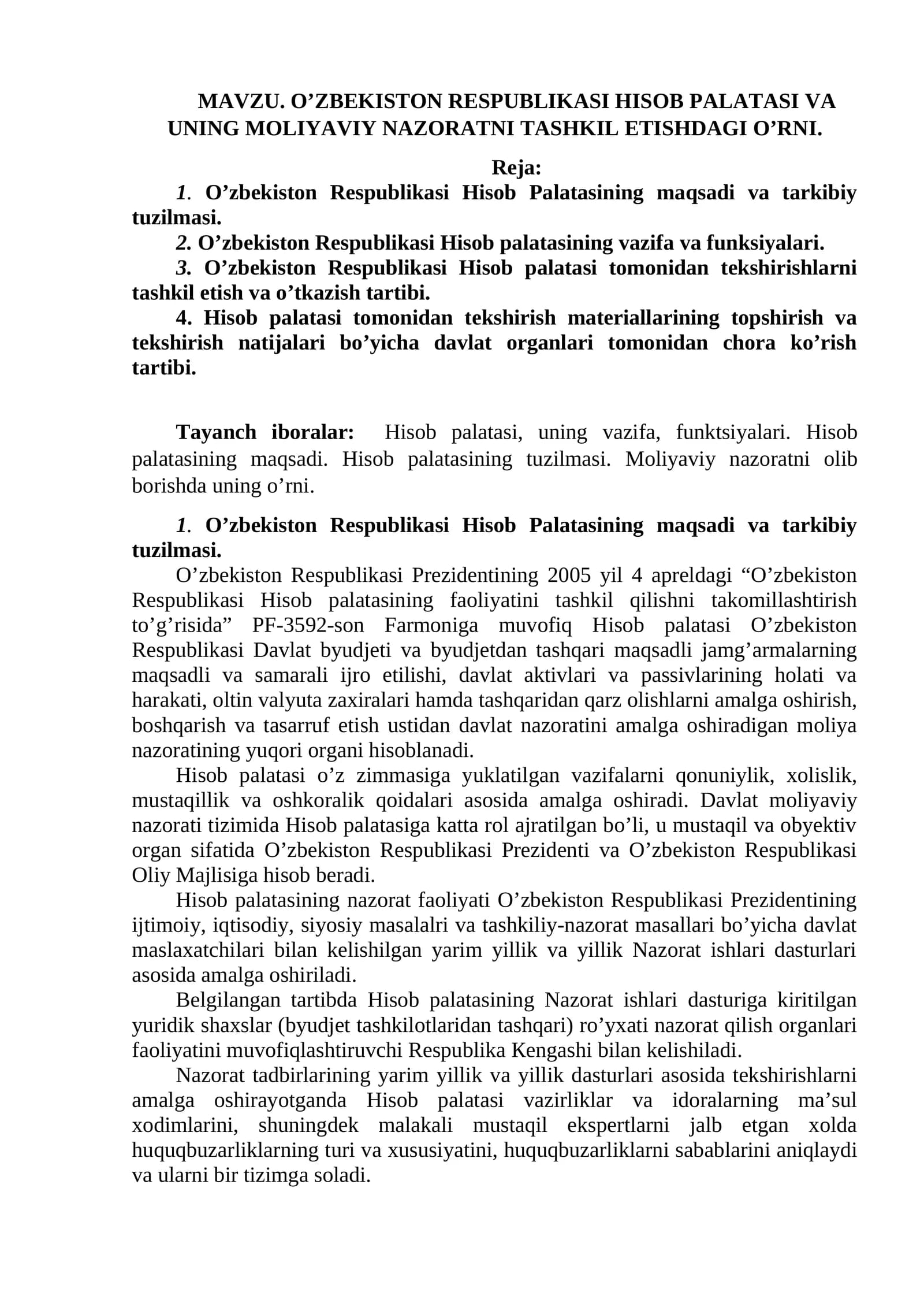 O’ZBEKISTON RESPUBLIKASI HISOB PALATASI VA UNING MOLIYAVIY NAZORATNI TASHKIL ETISHDAGI O’RNI