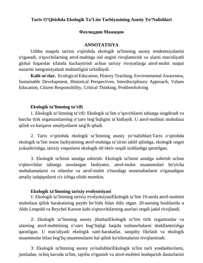 Tarix OʻQitishda Ekologik TaʼLim Tarbiyasining Asosiy YoʻNalishlari