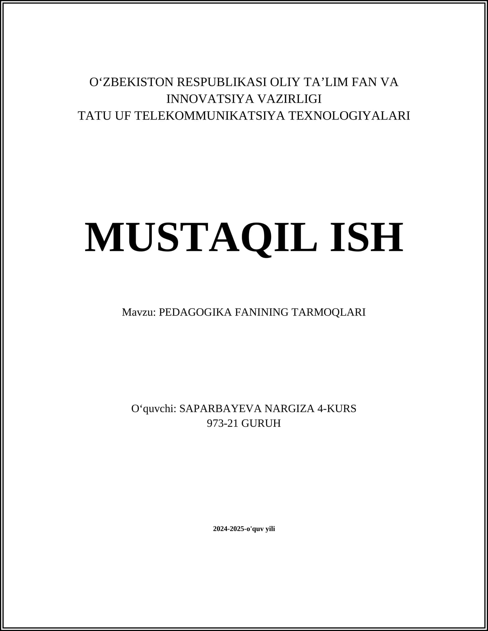 PEDAGOGIKA FANINING TARMOQLARI
