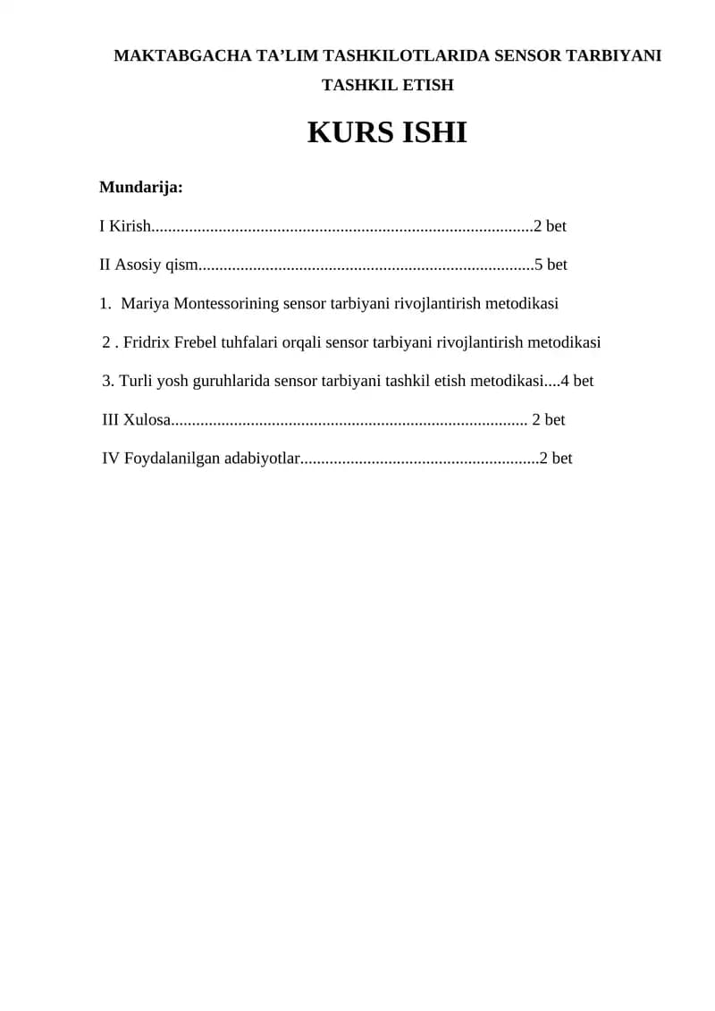 Sensor Tarbiyani Tashkil Etish Kurs Ishi