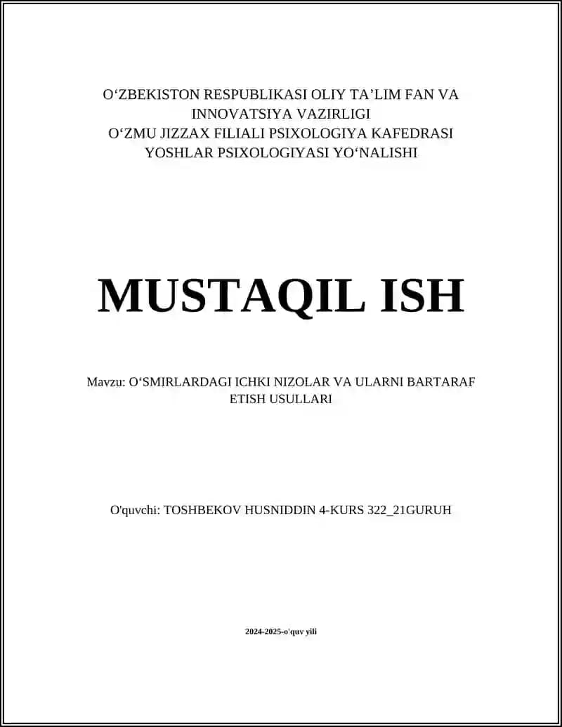 OʻSMIRLARDAGI ICHKI NIZOLAR VA ULARNI BARTARAF ETISH USULLARI