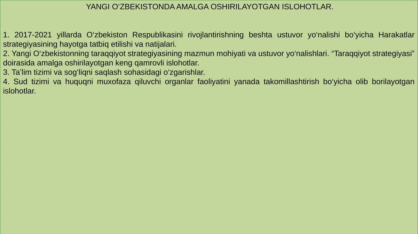 Yangi O‘zbekistonda Amalga Oshirilayotgan Ishlar