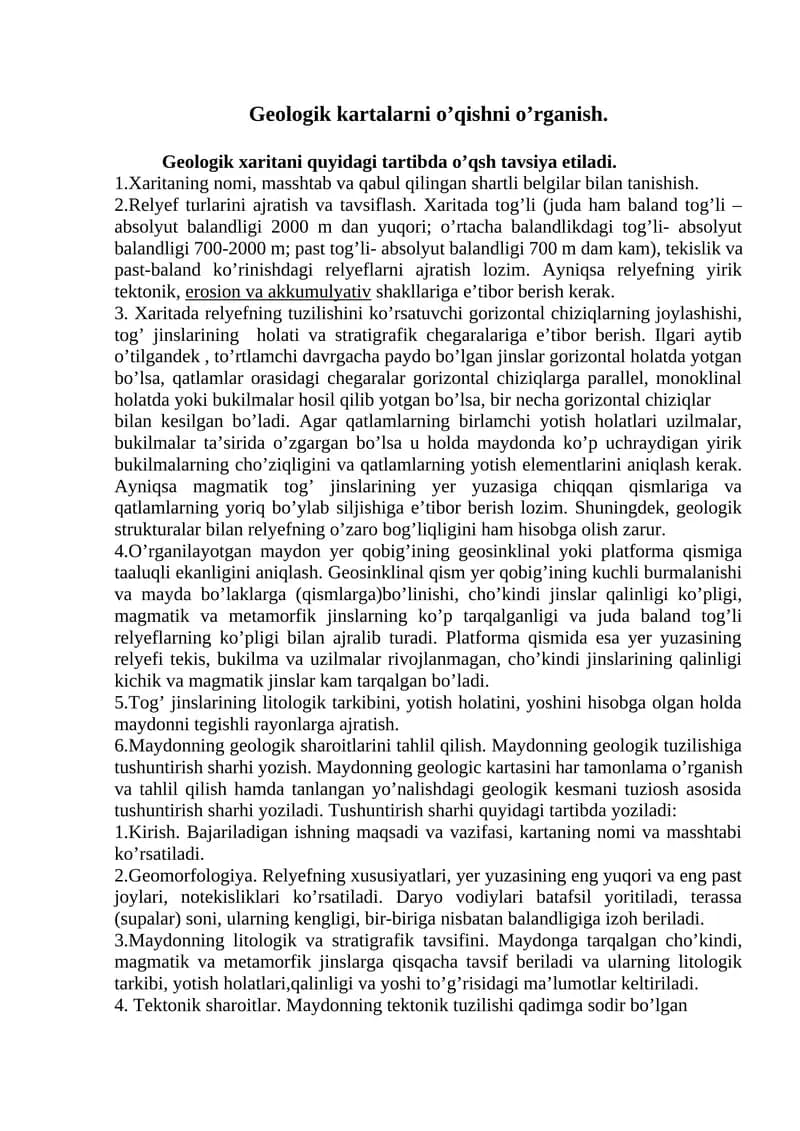 Geologik kartalarni o’qishni o’rganish