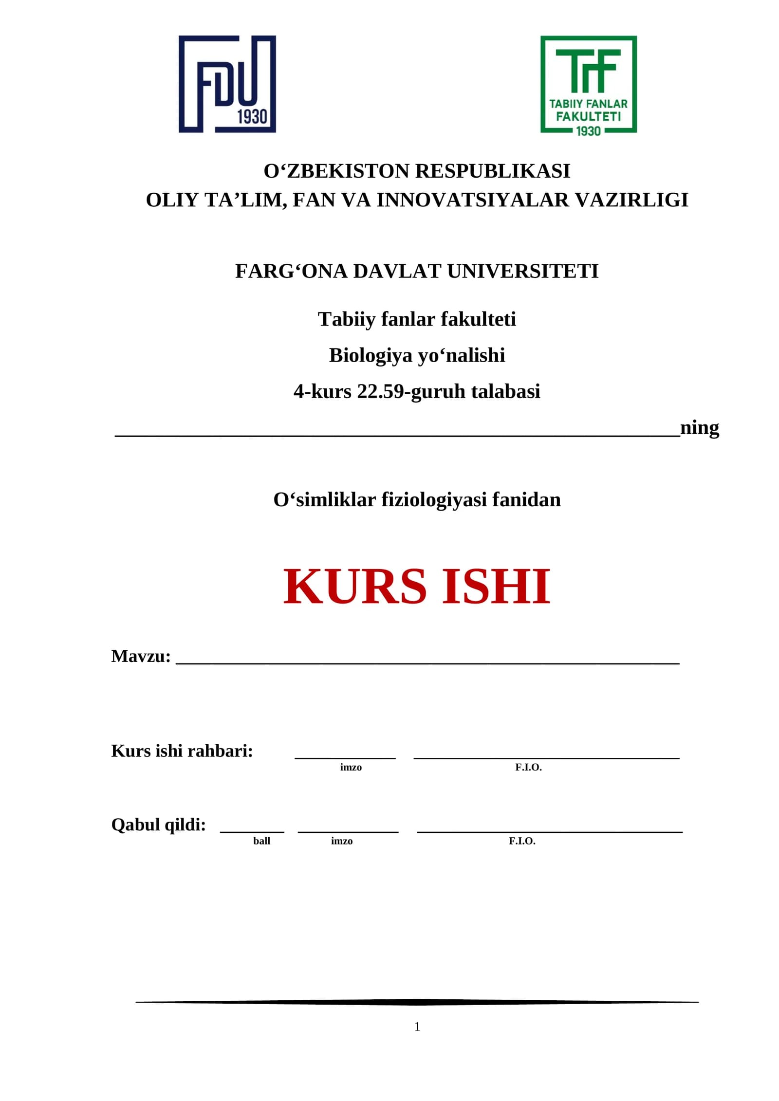 O‘simliklar fiziologiyasi fanidan KURS ISHI