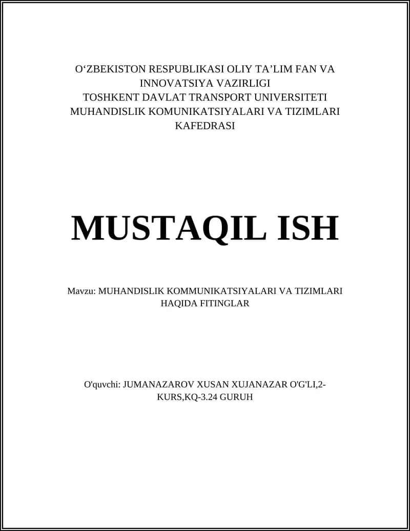 MUHANDISLIK KOMMUNIKATSIYALARI VA TIZIMLARI HAQIDA FITINGLAR