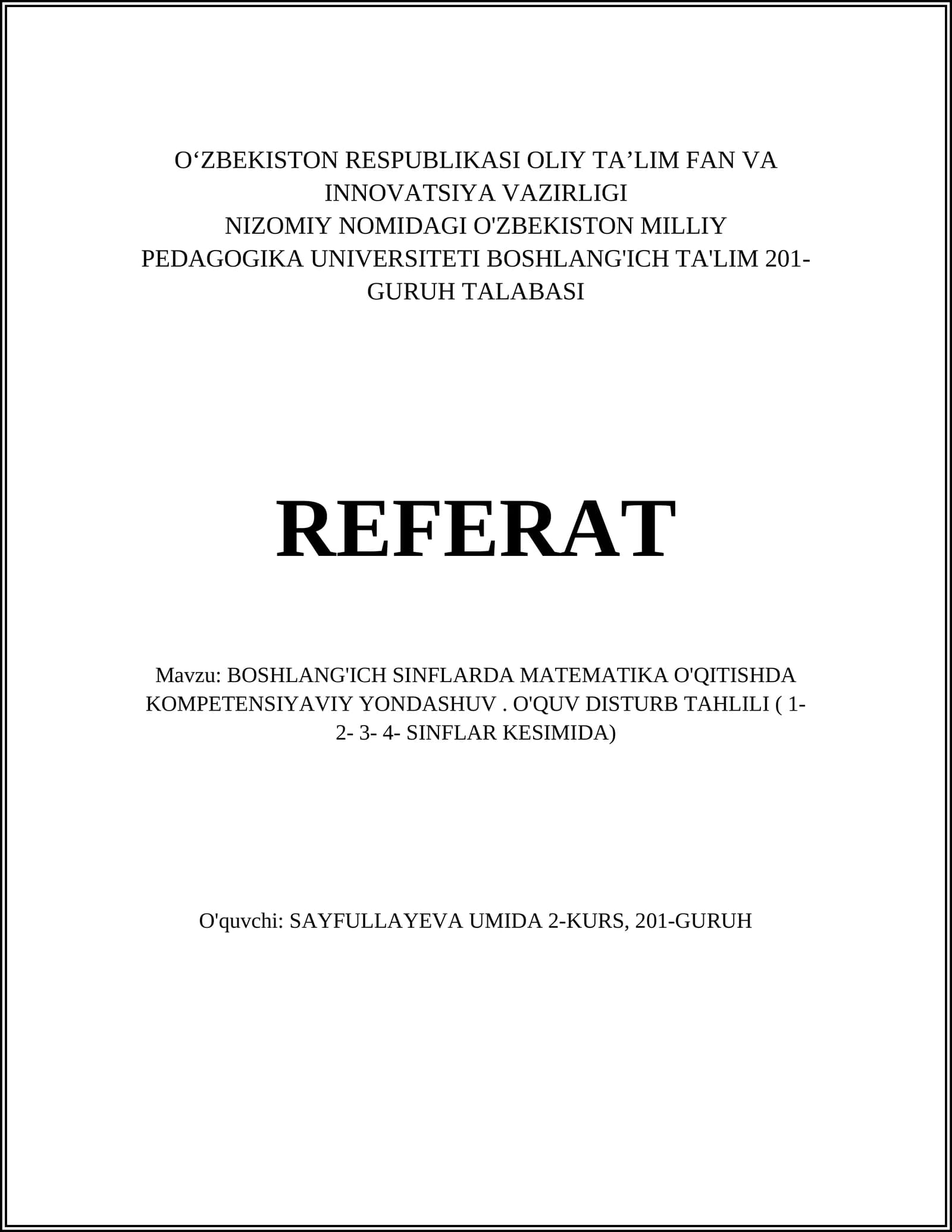 BOSHLANG'ICH SINFLARDA MATEMATIKA O'QITISHDA KOMPETENSIYAVIY YONDASHUV