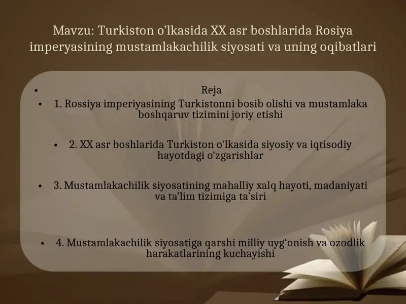 XX asr Turkistonida Rossiya imperiyasining mustamlakachilik siyosati