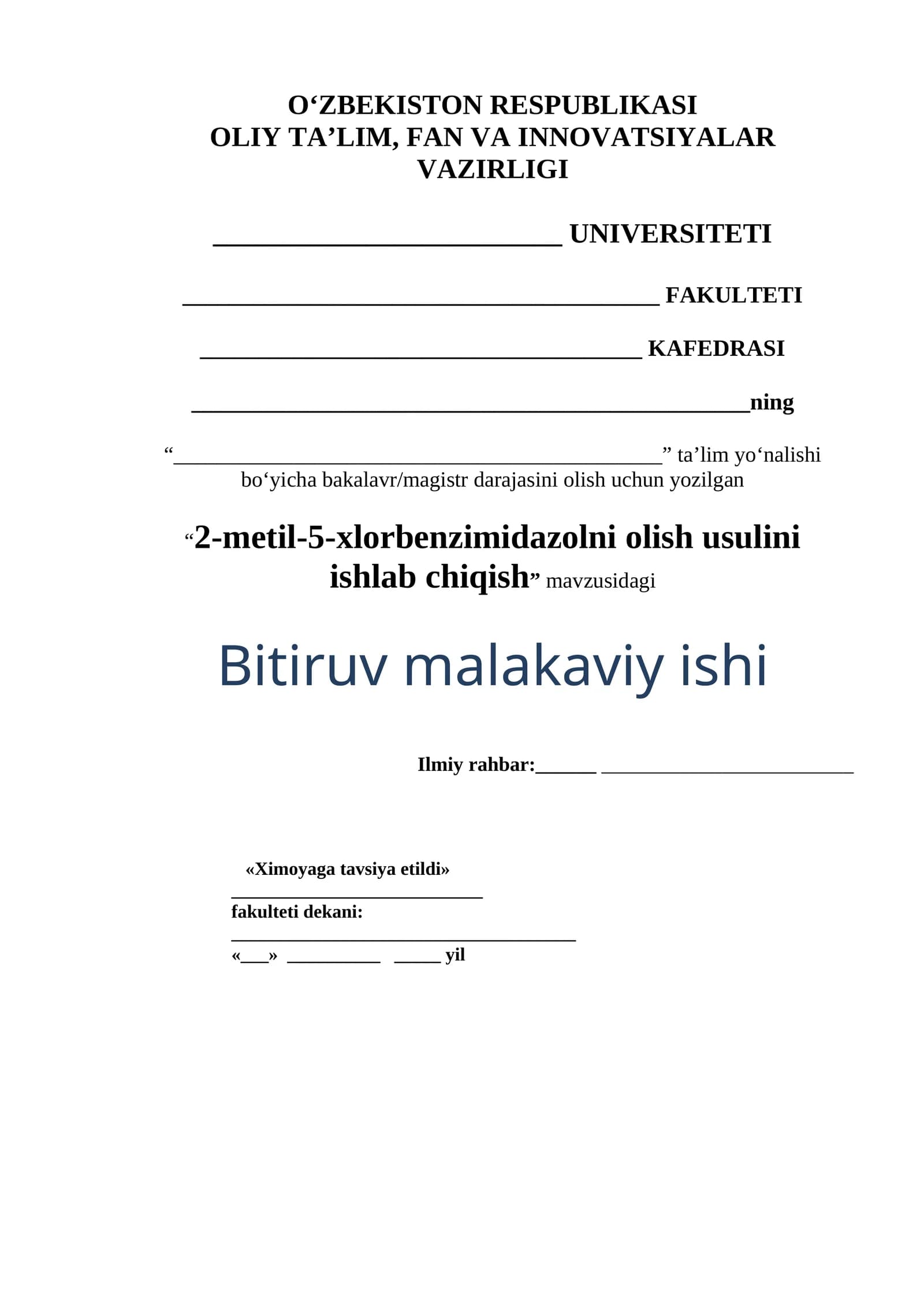 2-metil-5-xlorbenzimidazolni olish usulini ishlab chiqish