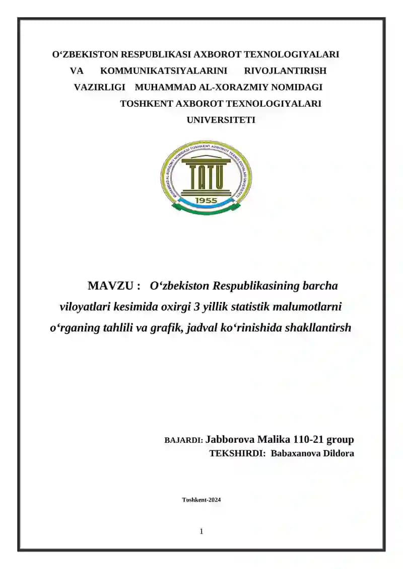 O‘zbekiston Respublikasi barcha viloyatlarining statistik malumoti