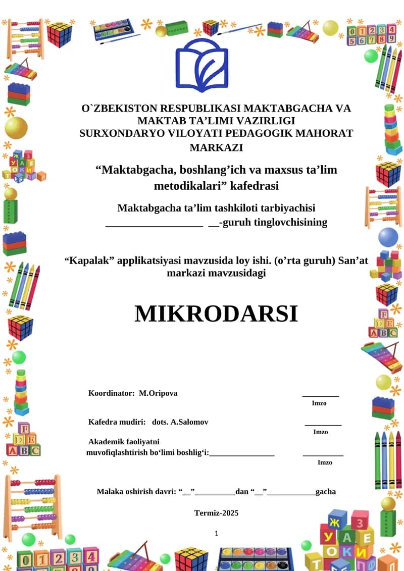 “Kapalak” applikatsiyasi mavzusida loy ishi. (oʼrta guruh) Sanʼat markazi