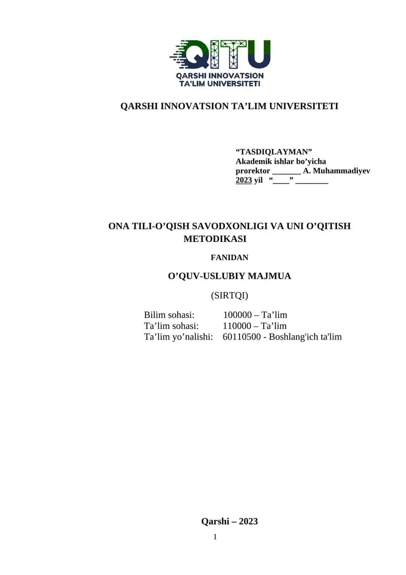 ONA TILI-O’QISH SAVODXONLIGI VA UNI O’QITISH METODIKASI
