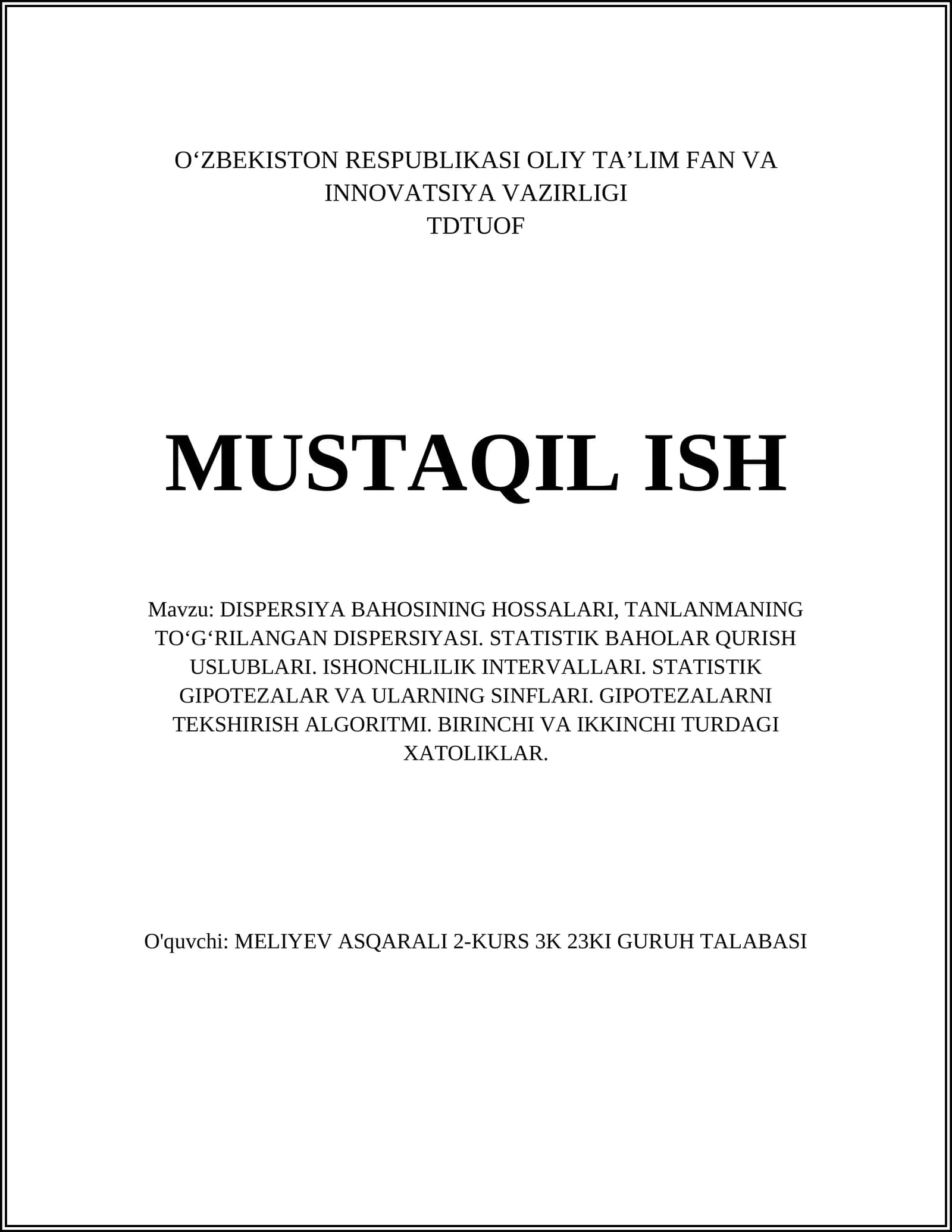 DISPERSIYA BAHOSINING HOSSALARI, TANLANMANING TOʻGʻRILANGAN DISPERSIYASI