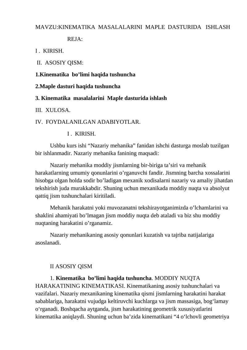 KINEMATIKA MASALALARINI MAPLE DASTURIDA ISHLASH