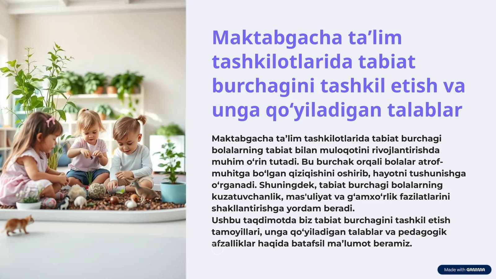 Tabiat burchagini tashkil etish va unga qo‘yiladigan talablar