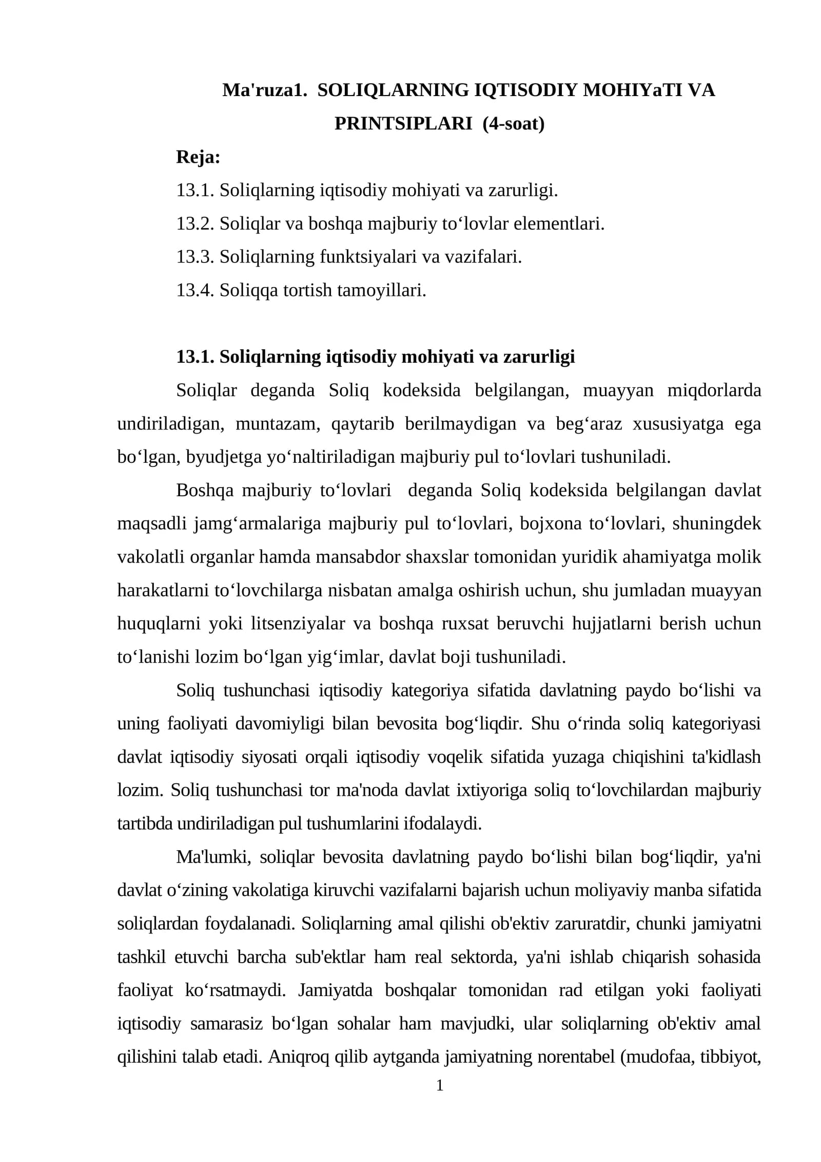 SOLIQLARNING IQTISODIY MOHIYATI VA PRINTSIPLARI (4-soat)