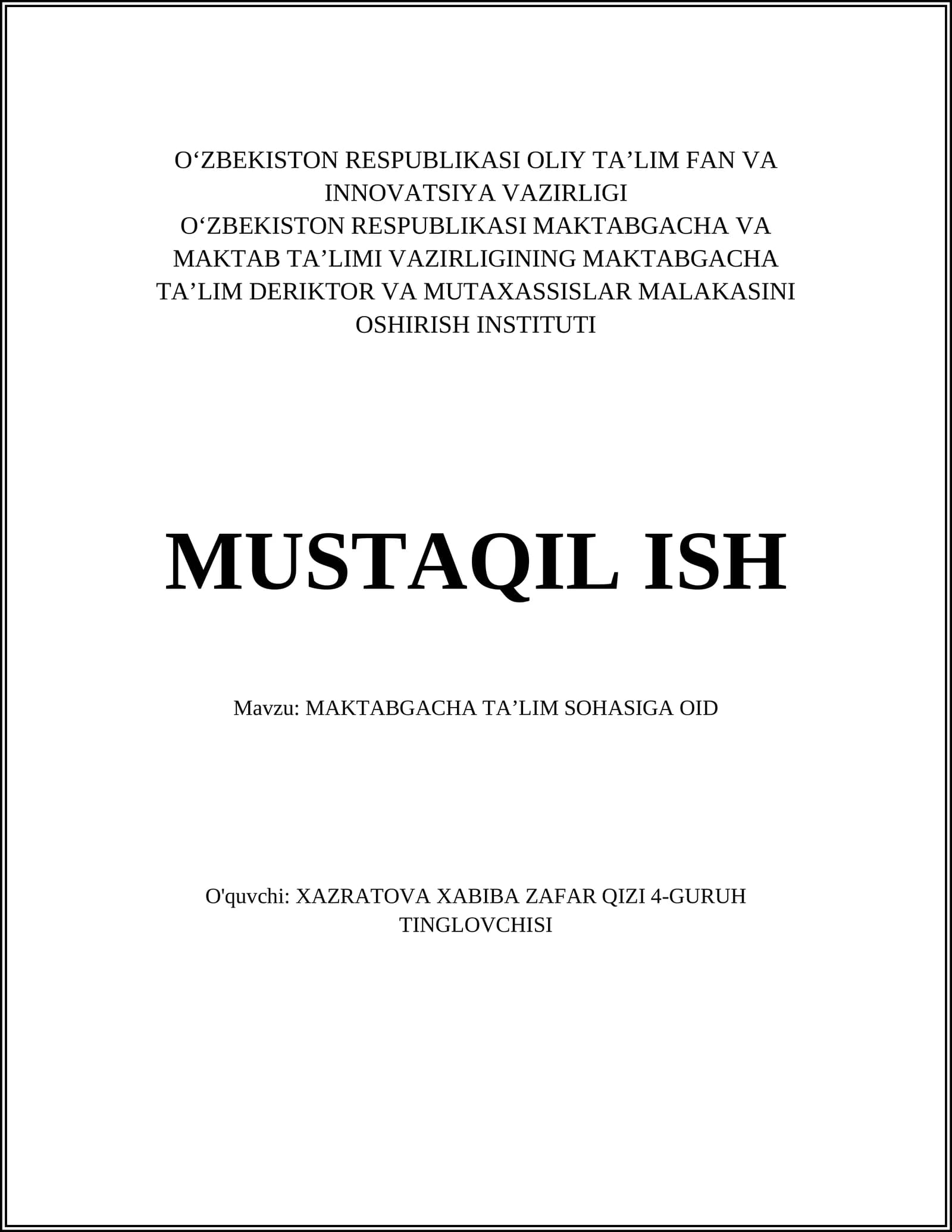 MAKTABGACHA TAʼLIM SOHASIGA OID