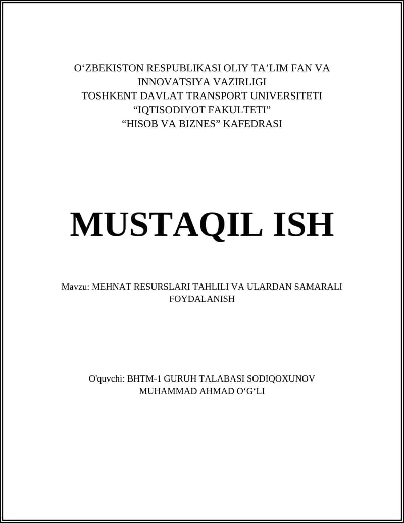 MEHNAT RESURSLARI TAHLILI VA ULARDAN SAMARALI FOYDALANISH