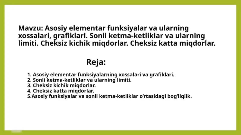 Asosiy elementar funksiyalar va ularning xossalari