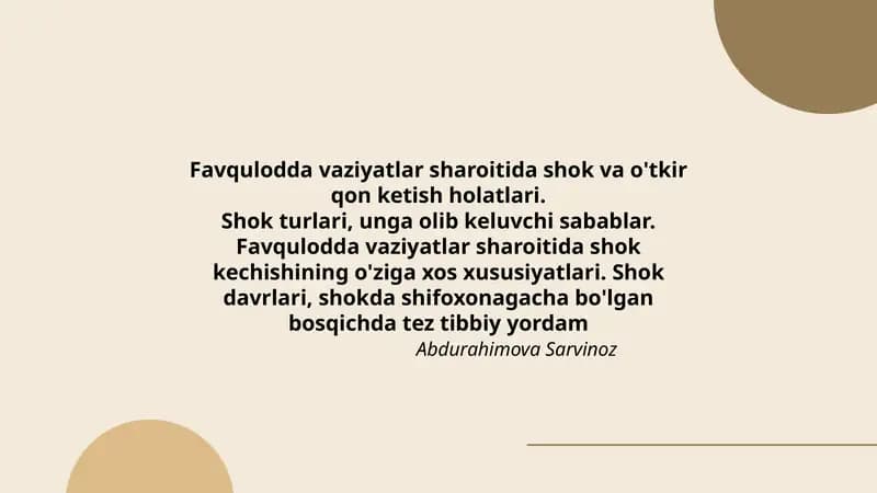 Favqulodda vaziyatlar sharoitida shok va o'tkir qon ketish holatlari