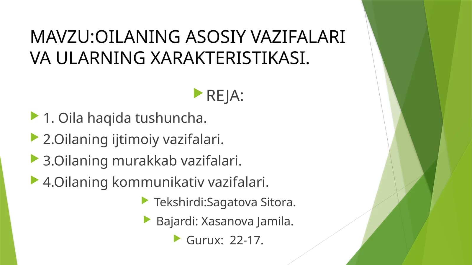 OILANING ASOSIY VAZIFALARI VA ULARNING XARAKTERISTIKASI