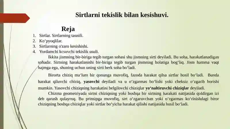 Sirtlarni tekislik bilan kesishuvi.