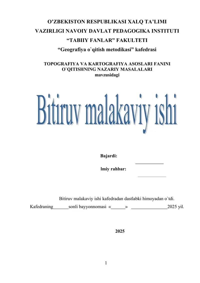 TOPOGRAFIYA VA KARTOGRAFIYA ASOSLARI FANINI O`QITISHNING NAZARIY MASALALARI