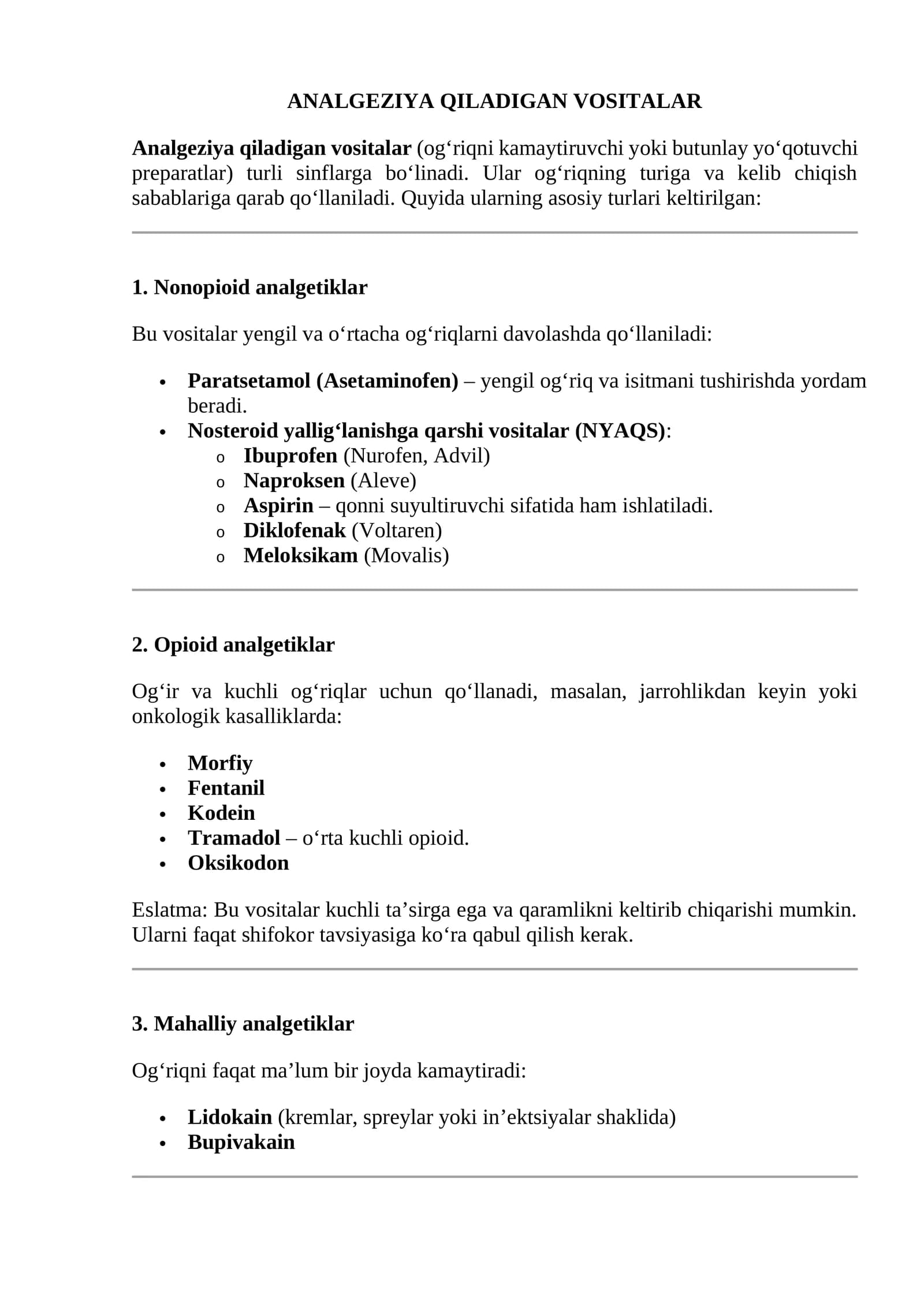 ANALGEZIYA QILADIGAN VOSITALAR