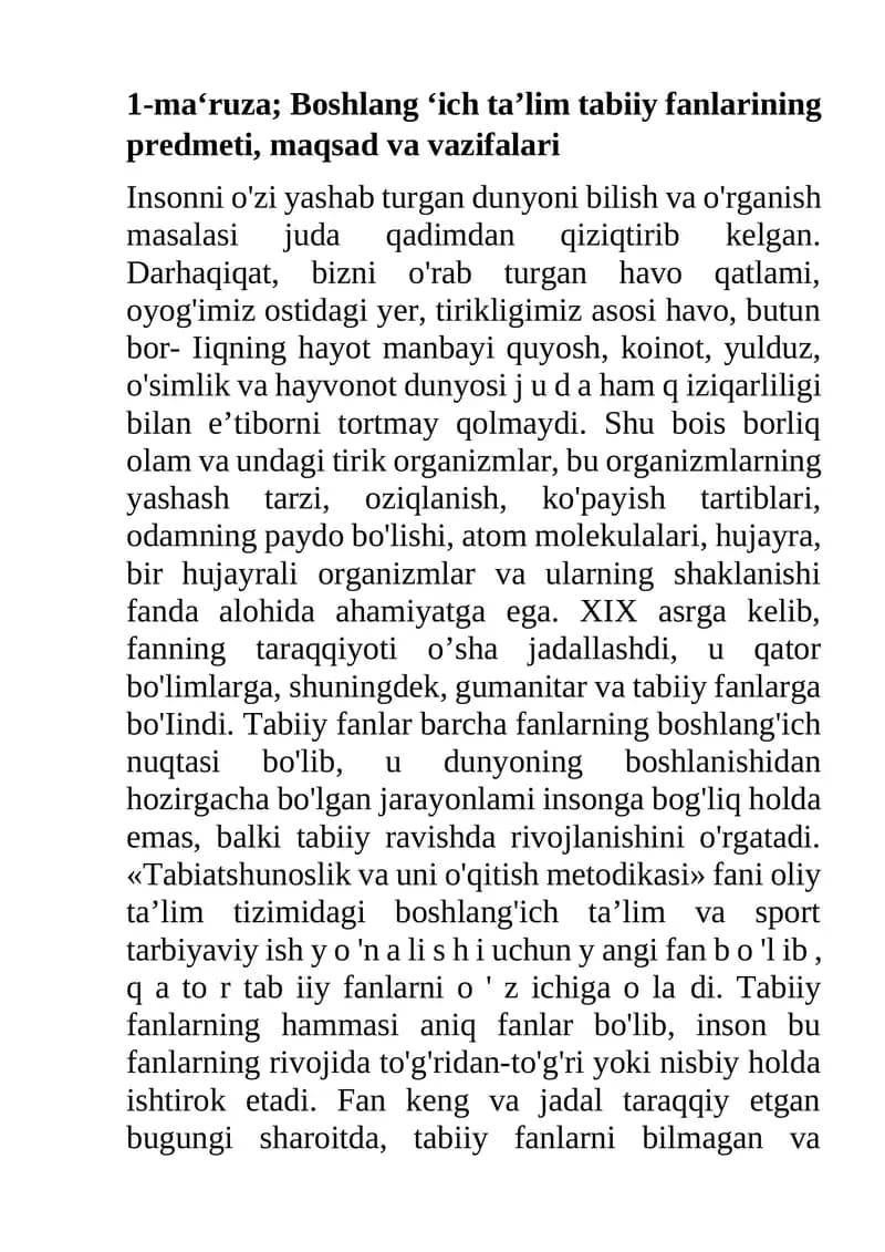 Boshlang ‘ich ta’lim tabiiy fanlarining predmeti, maqsad va vazifalari