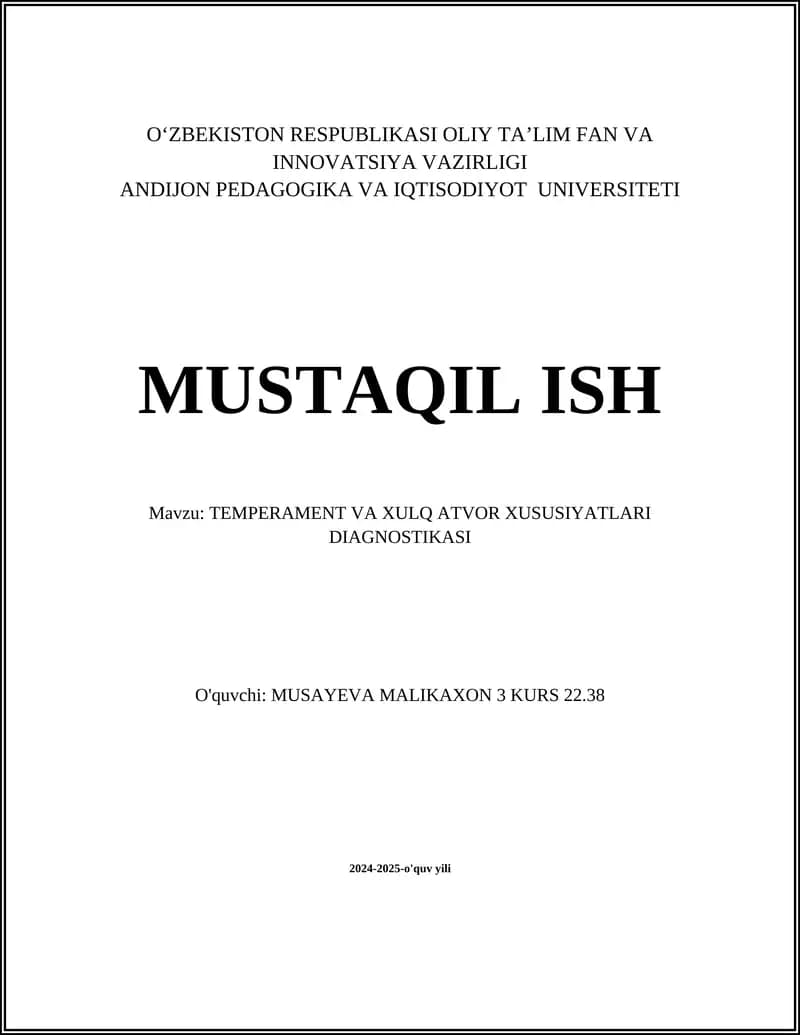 TEMPERAMENT VA XULQ ATVOR XUSUSIYATLARI DIAGNOSTIKASI