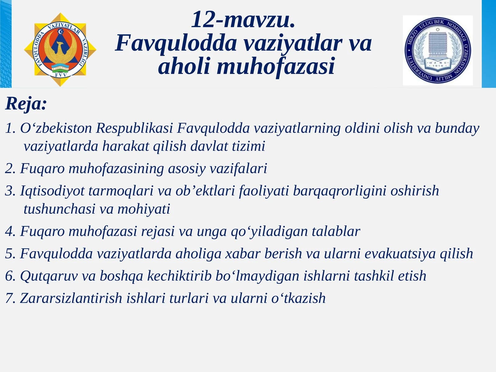 Favquloddavaziyatlar va aholimuhofazasi