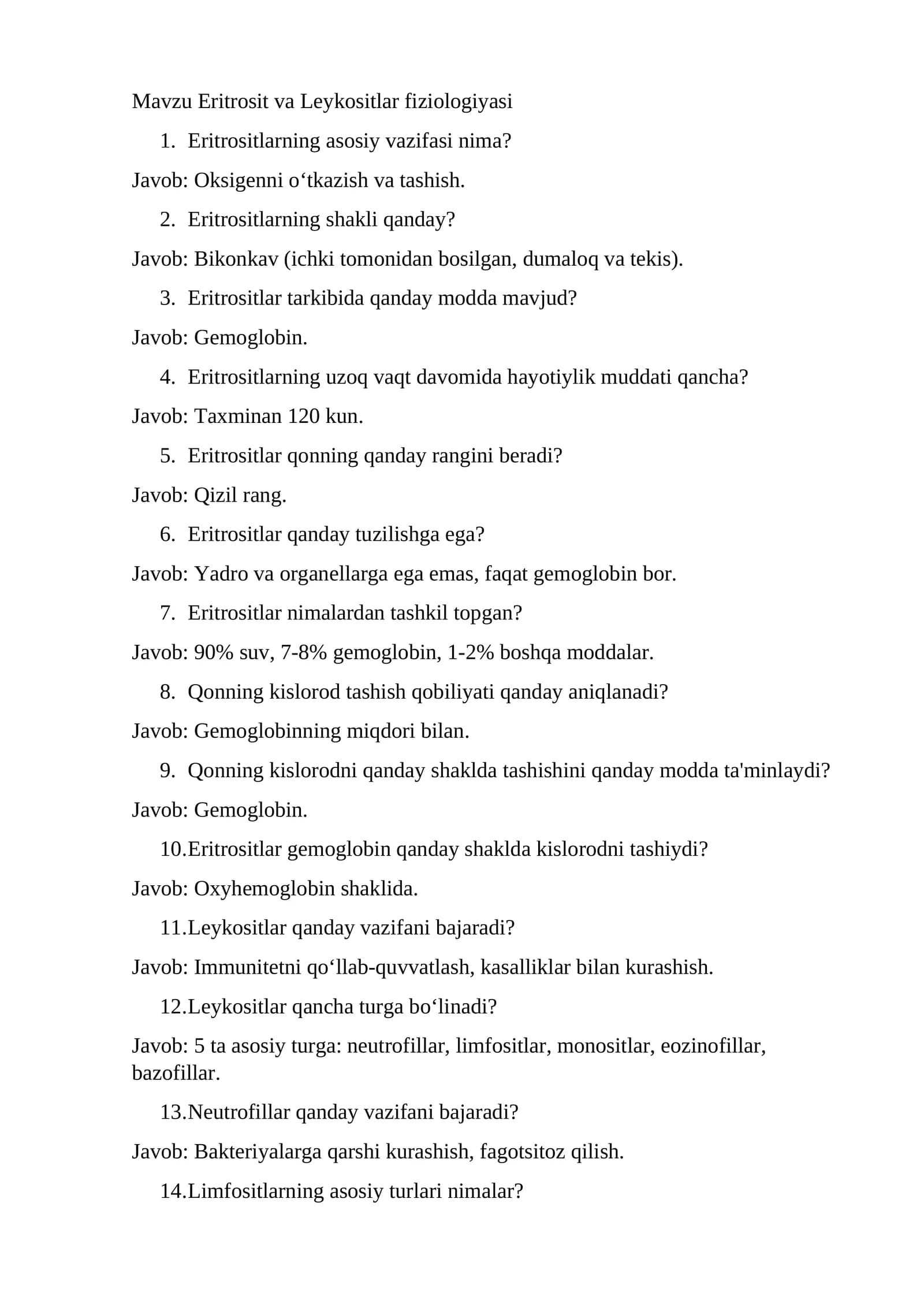 Eritrosit va Leykositlar fiziologiyasi