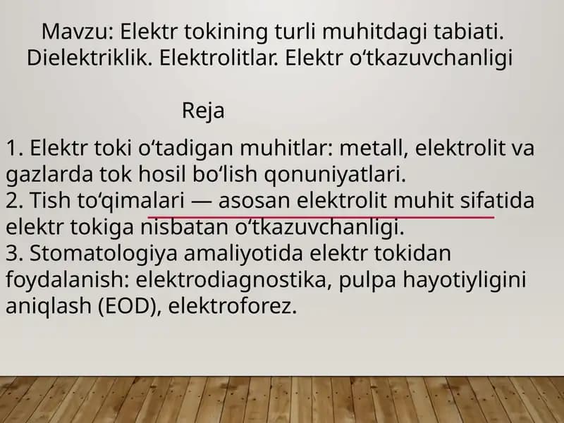 Elektr tokining turli muhitdagi tabiati. Dielektriklik. Elektrolitlar. Elektr oʻtkazuvchanligi