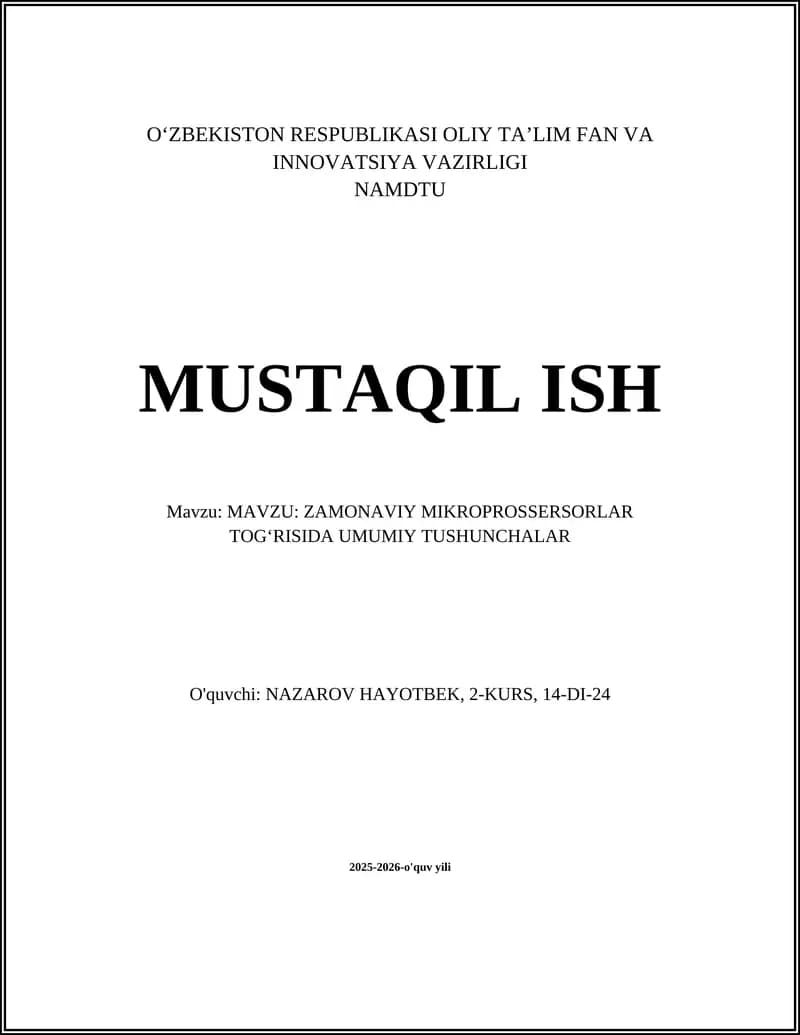 ZAMONAVIY MIKROPROSSERSORLAR TOGʻRISIDA UMUMIY TUSHUNCHALAR