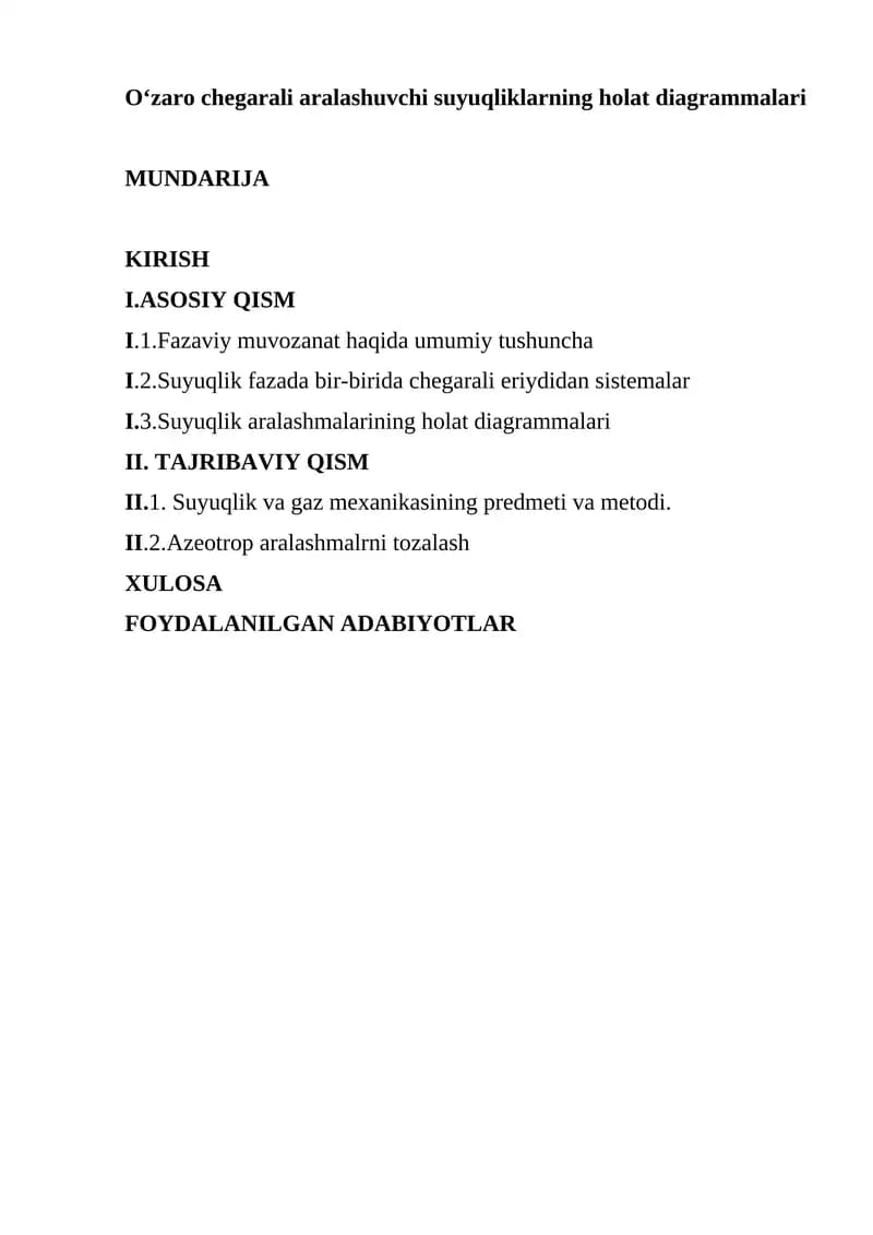 O‘zaro chegarali aralashuvchi suyuqliklarning holat diagrammalari
