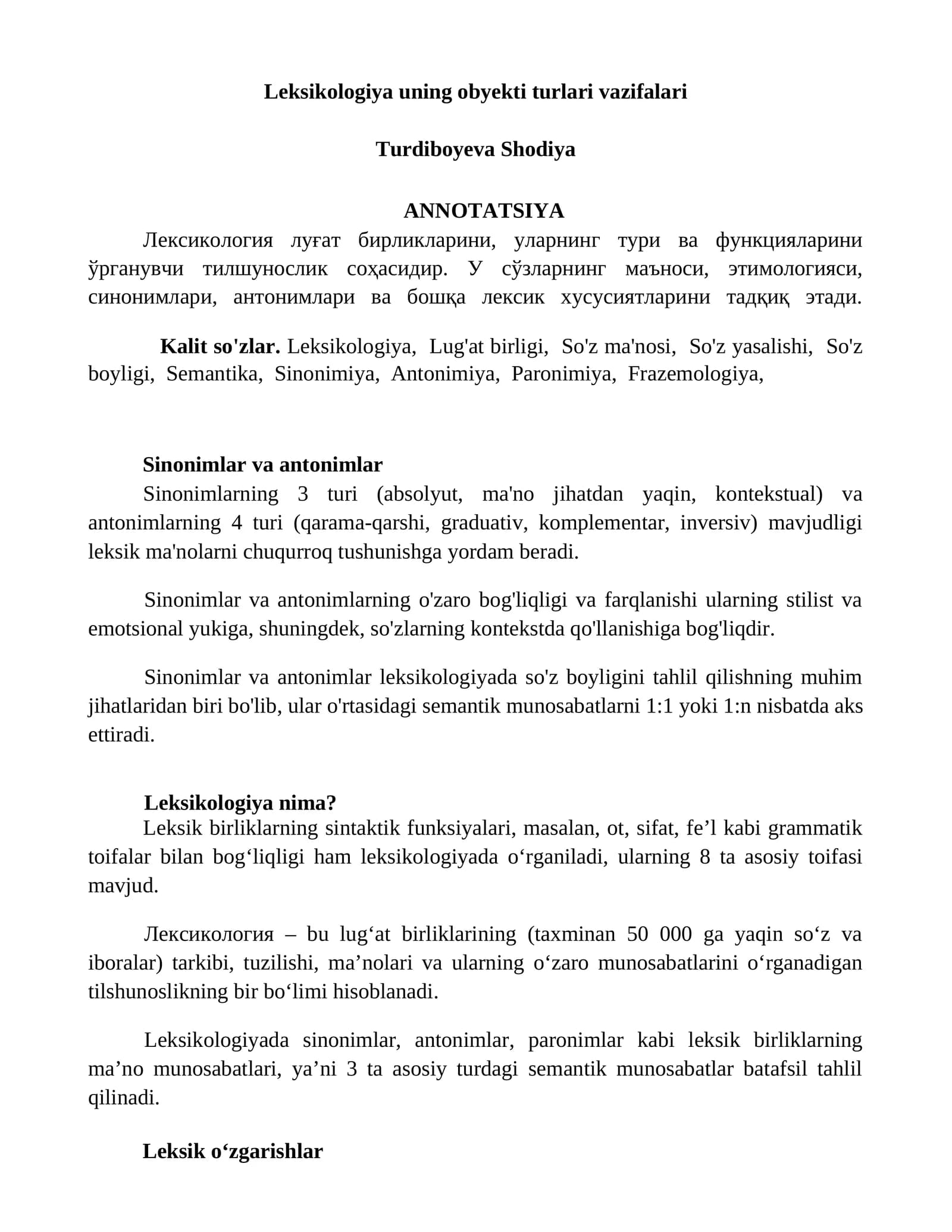 Leksikologiya uning obyekti turlari vazifalari