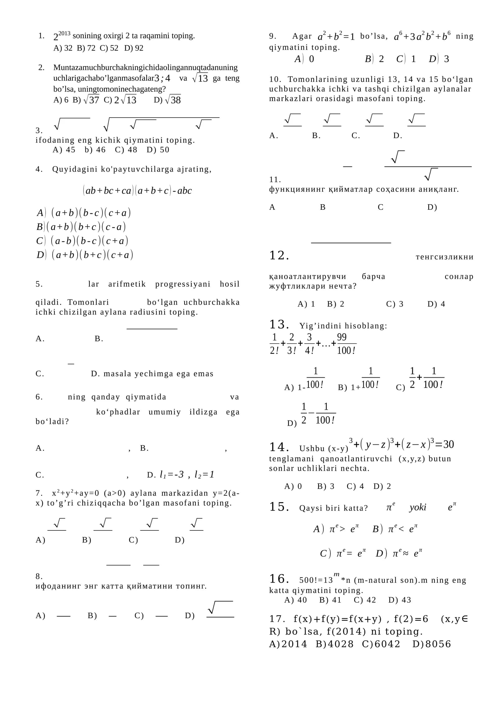 Matematika fanidan olimpiadaga tayyorlanayotganlar uchun test