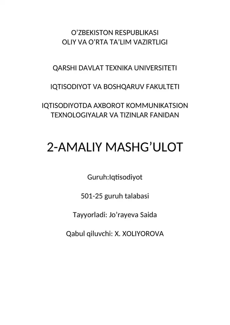 MS Excel elektron jadvalida iqtisodiy masalalarni yechish