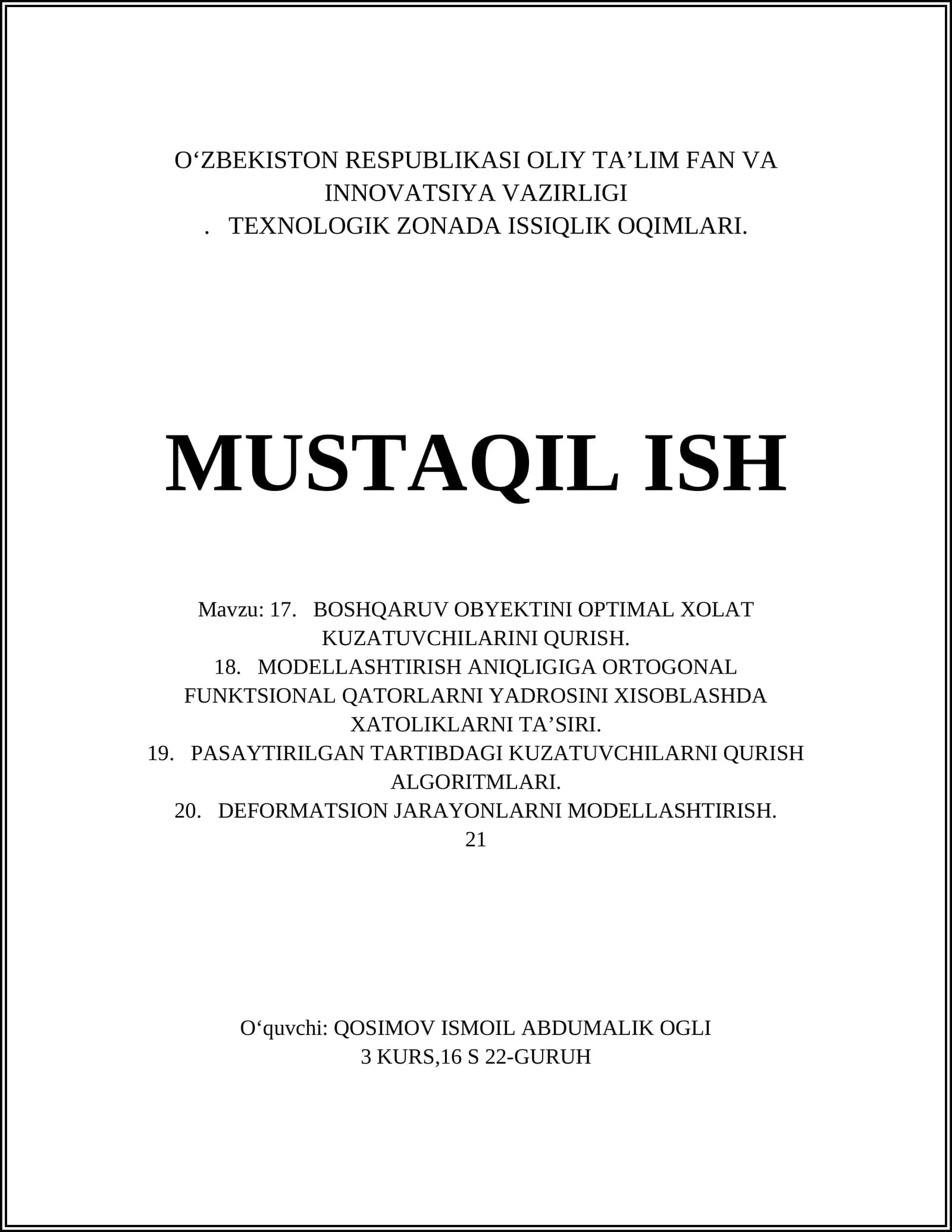 BOSHQARUV OBYEKTINI OPTIMAL XOLAT KUZATUVCHILARINI QURISH