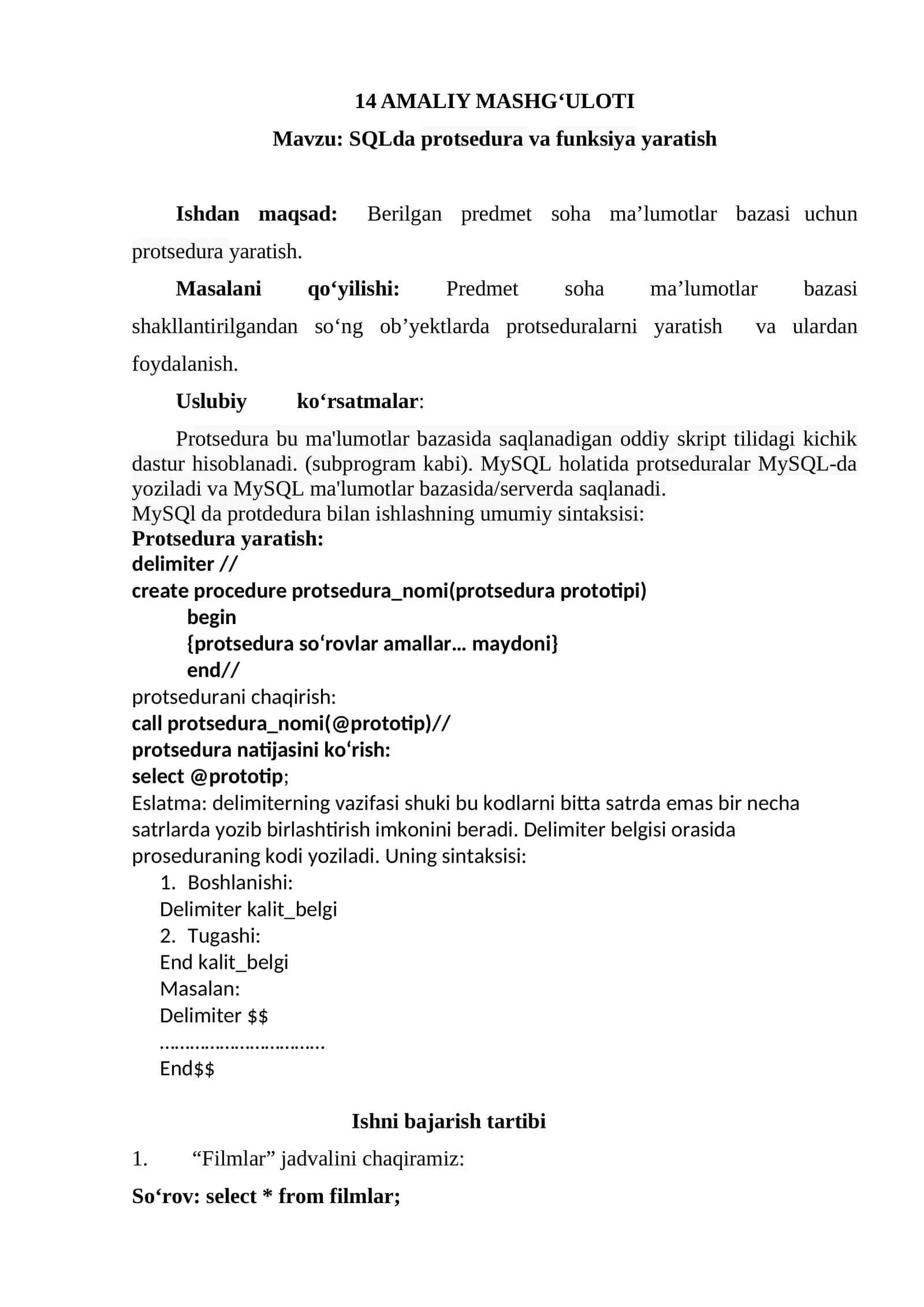 SQLda protsedura va funksiya yaratish