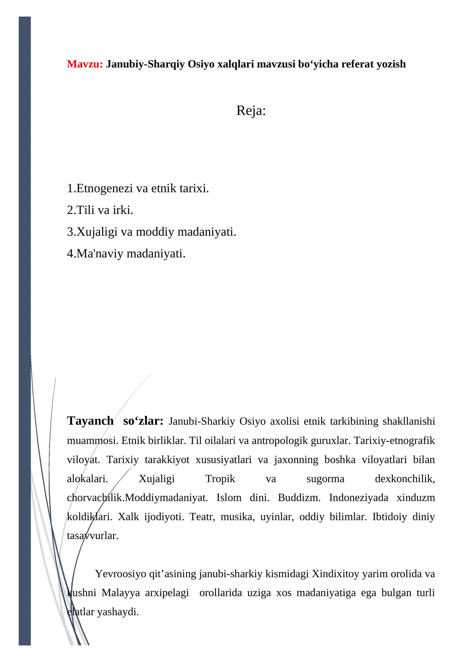 Janubiy-Sharqiy Osiyo xalqlari mavzusi bo‘yicha referat yozish