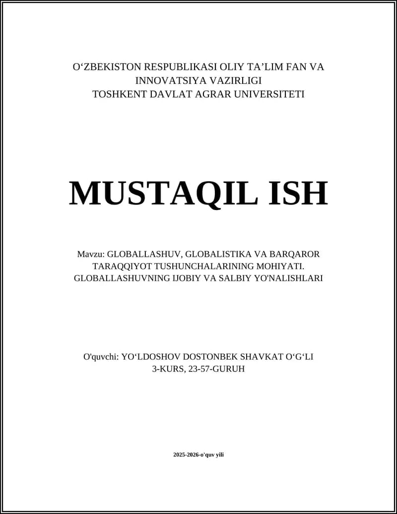 Globallashuv, Globalistika va Barqaror Taraqqiyot Tushunchalari