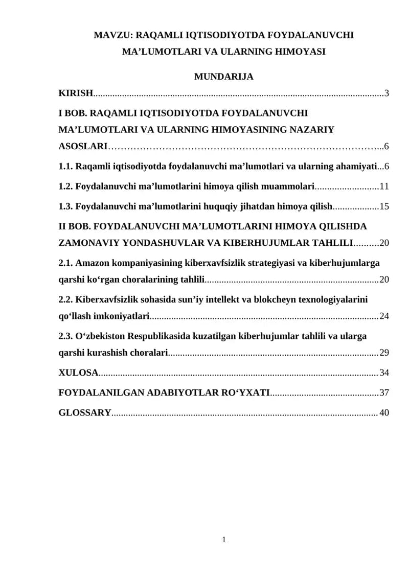 Raqamli iqtisodiyotda foydalanuvchi ma’lumotlari va ularning himoyasi