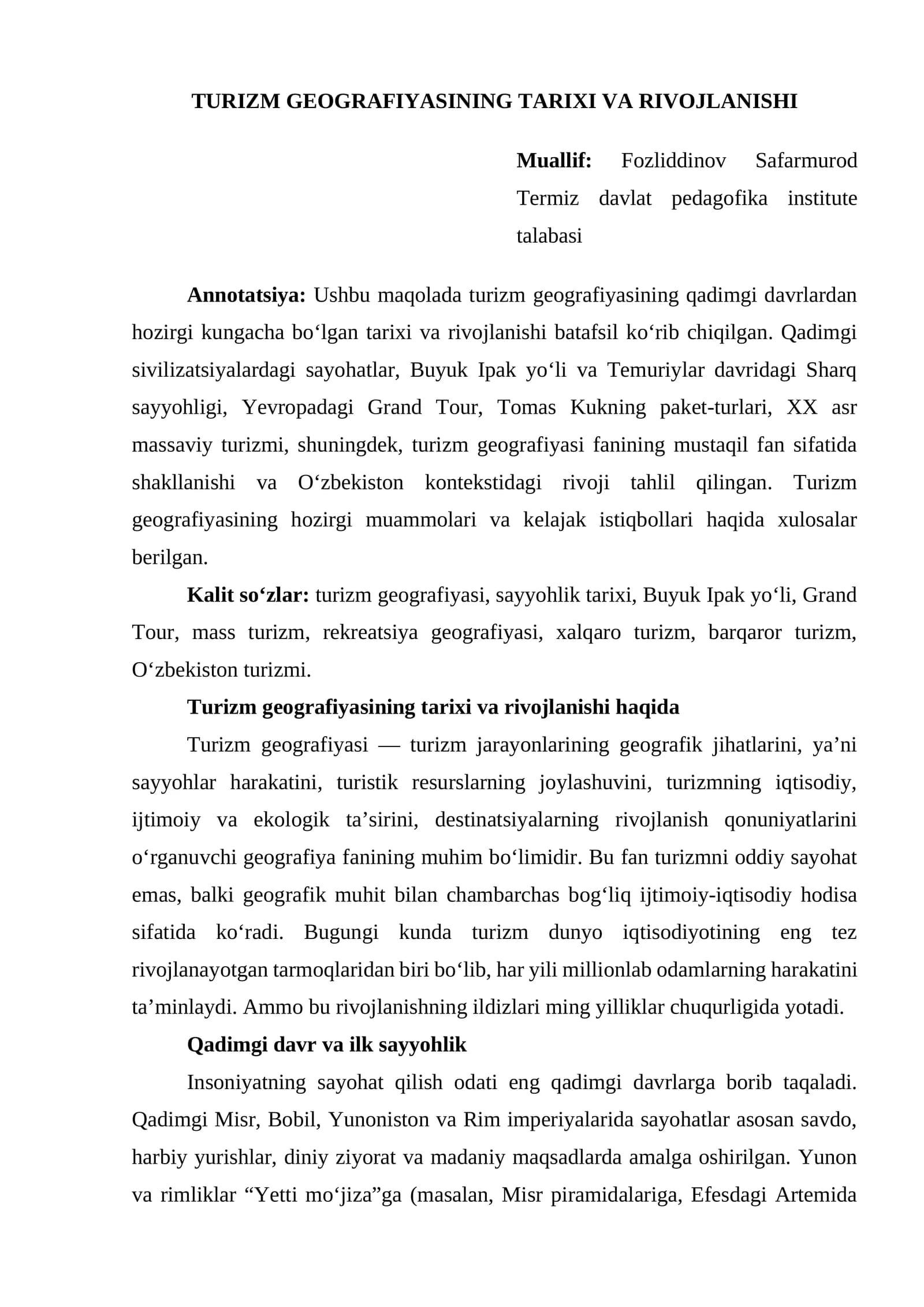 TURIZM GEOGRAFIYASINING TARIXI VA RIVOJLANISHI