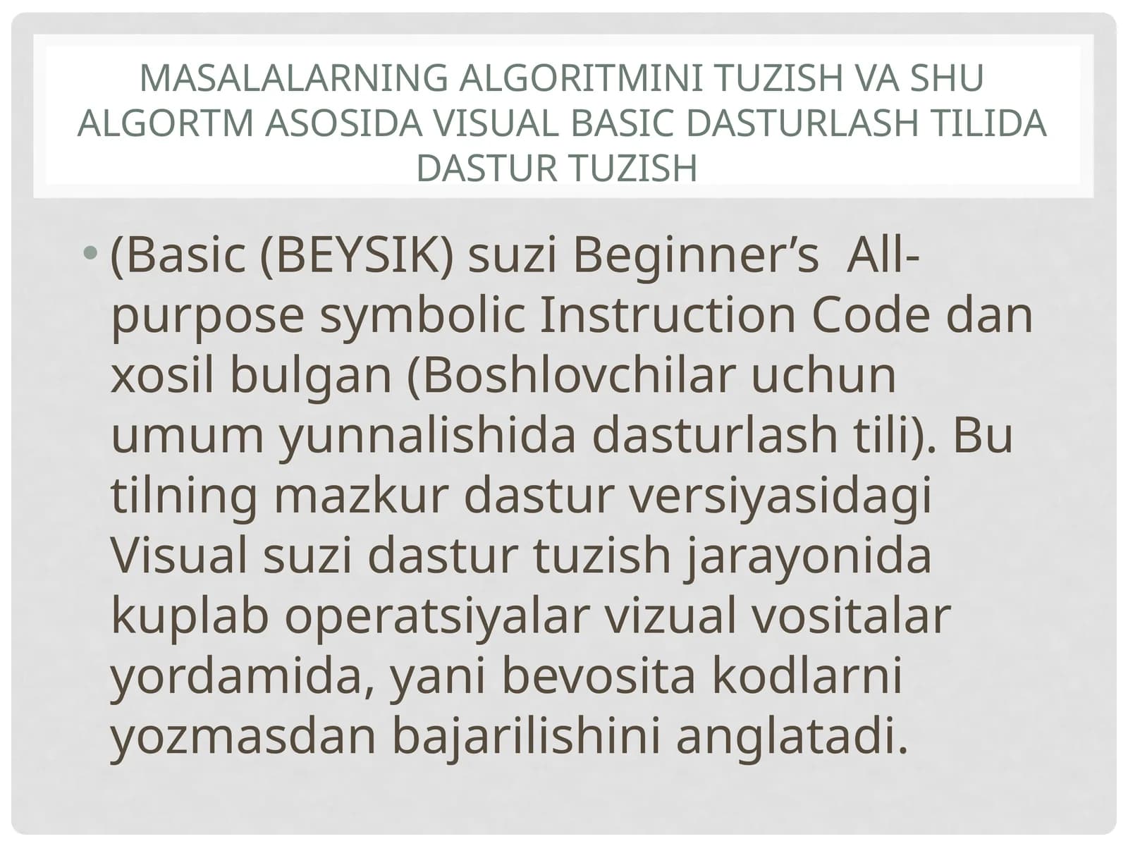 Masalalarning algoritmini tuzish va shu algortm asosida visual basic dasturlash tilida dastur tuzish