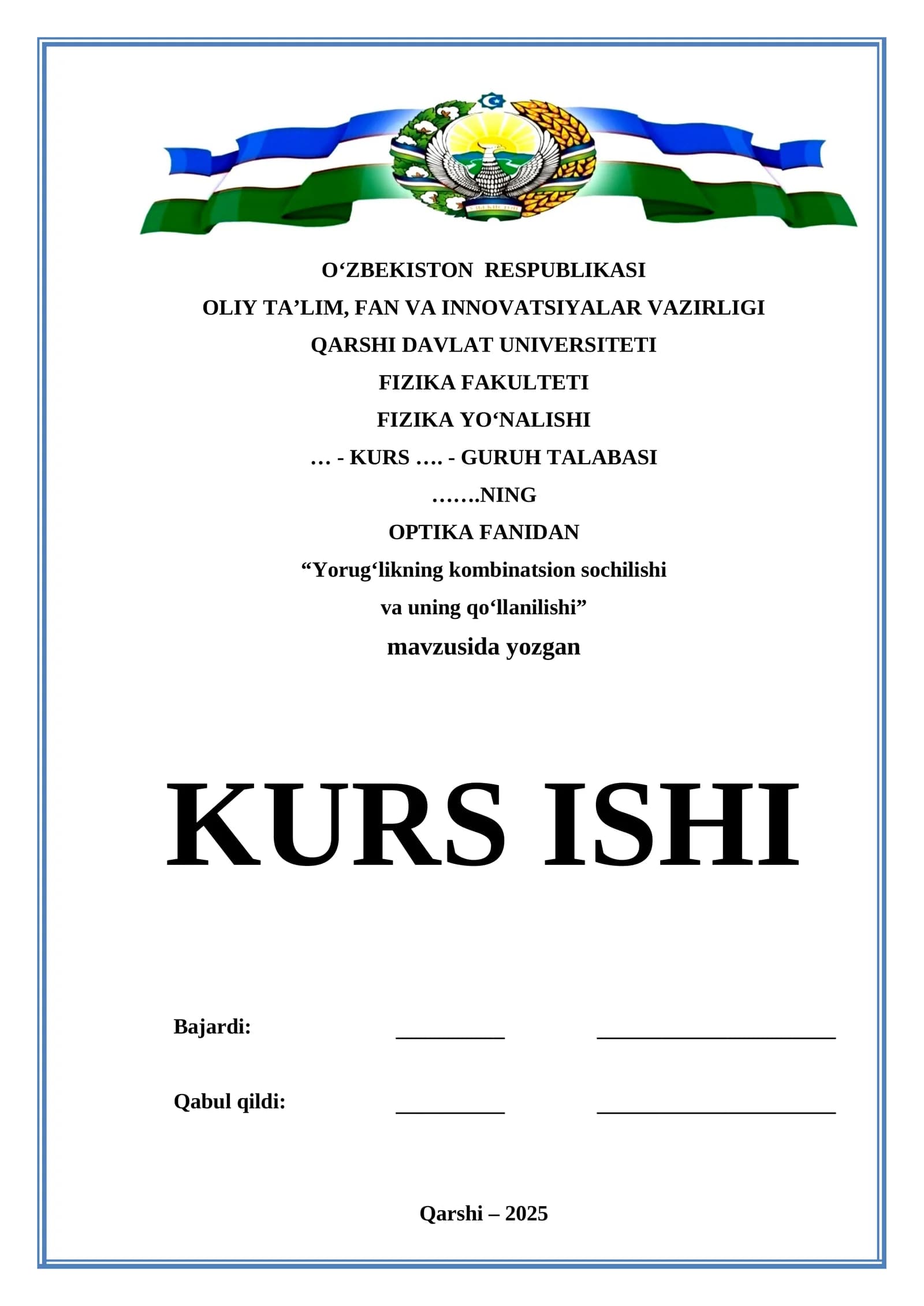 Yorug‘likning kombinatsion sochilishi  va uning qo‘llanilishi mavzusida tayyor 18 betlik kurs ishi