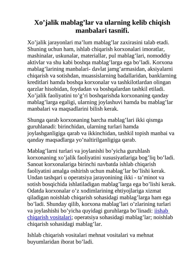 Xo’jalik mablag’lar va ularning kelib chiqish manbalari tasnifi