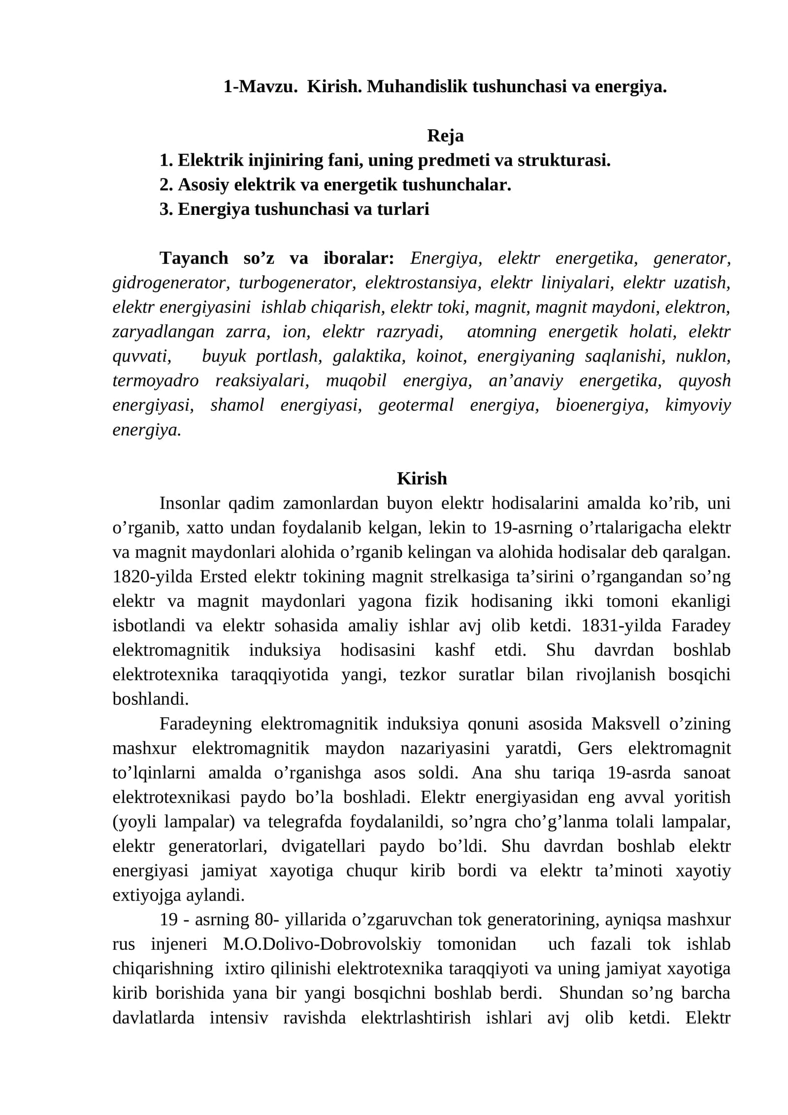 Kirish. Muhandislik tushunchasi va energiya