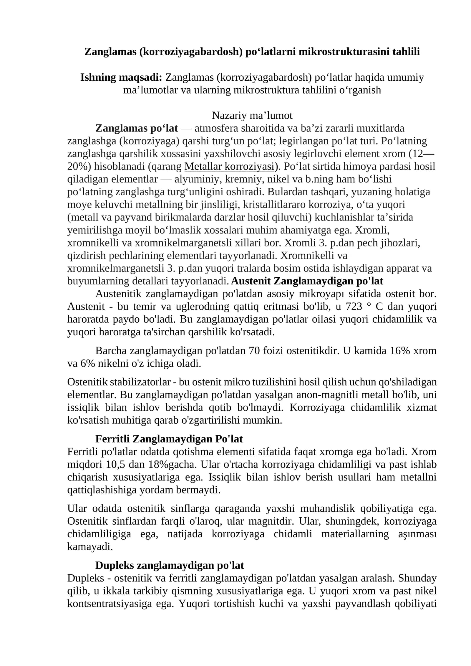 Zanglamas (korroziyagabardosh) po‘latlarni mikrostrukturasini tahlili