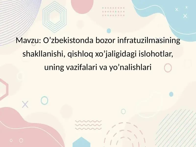 O’zbekistonda bozor infratuzilmasining shakllanishi, qishloq xo’jaligidagi islohotlar, uning vazifalari va yo’nalishlari