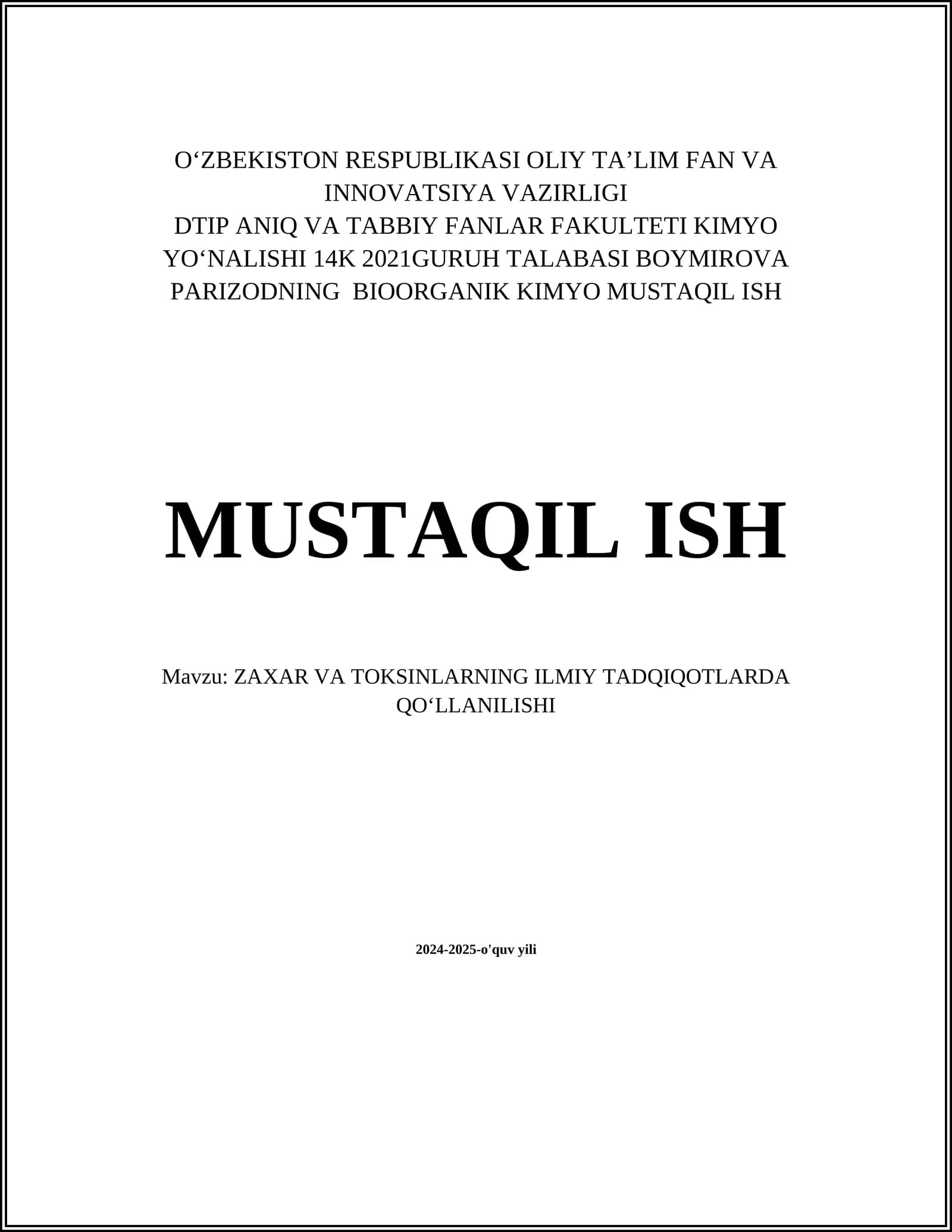 BIOORGANIK KIMYO MUSTAQIL ISH